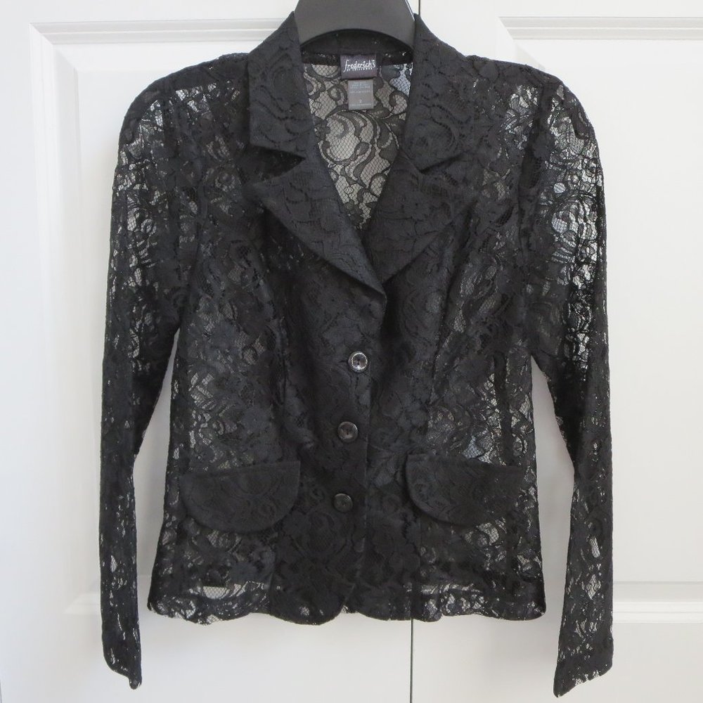Frederick's Of Hollywood Black Lace Sheer Floral Button Up Blazer Jacket Sz 2
